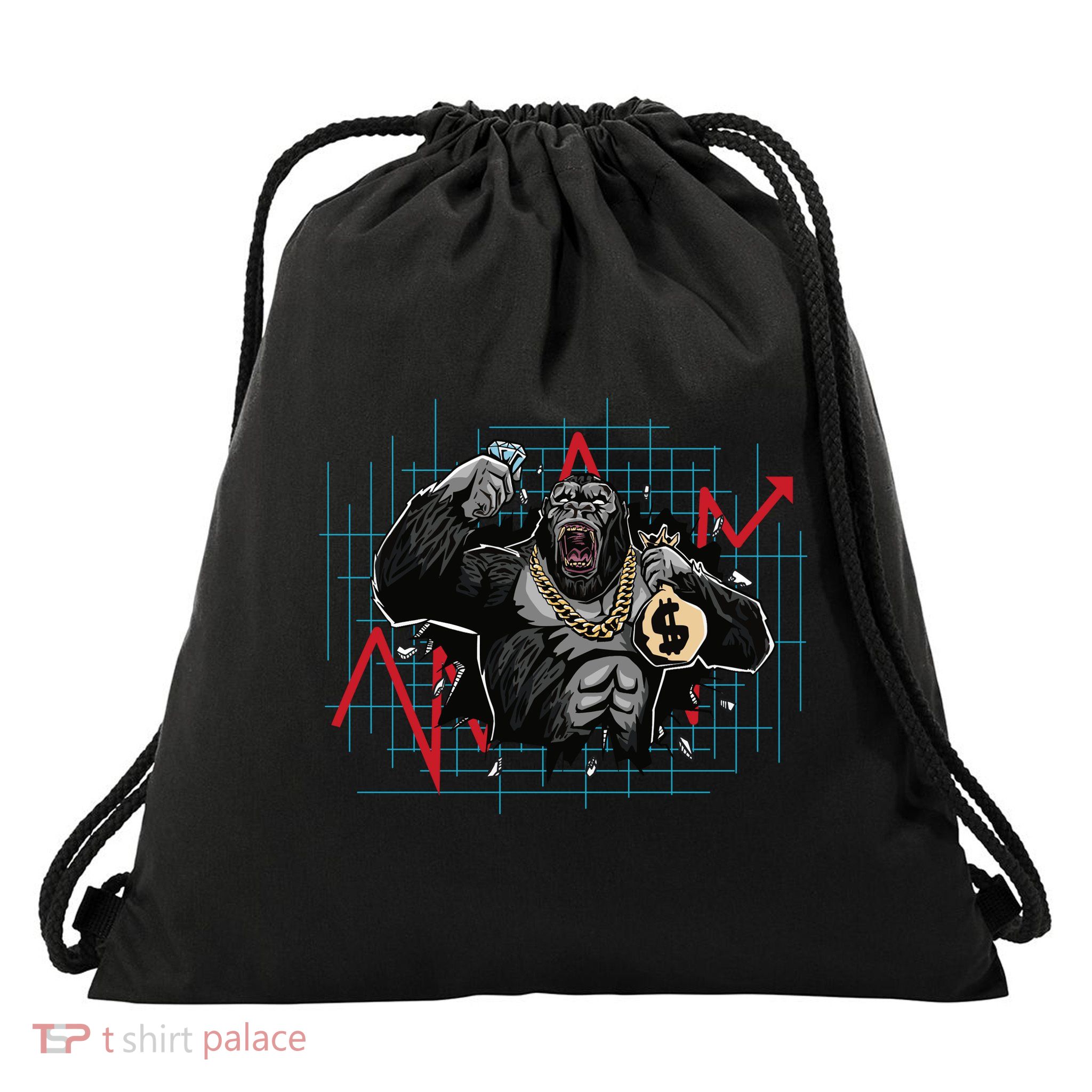 Gorilla Crashing Stock Market Drawstring Bag