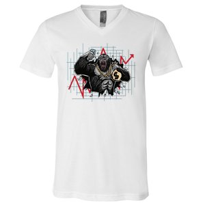 Gorilla Crashing Stock Market V-Neck T-Shirt