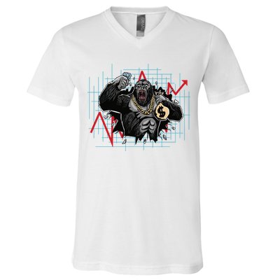 Gorilla Crashing Stock Market V-Neck T-Shirt