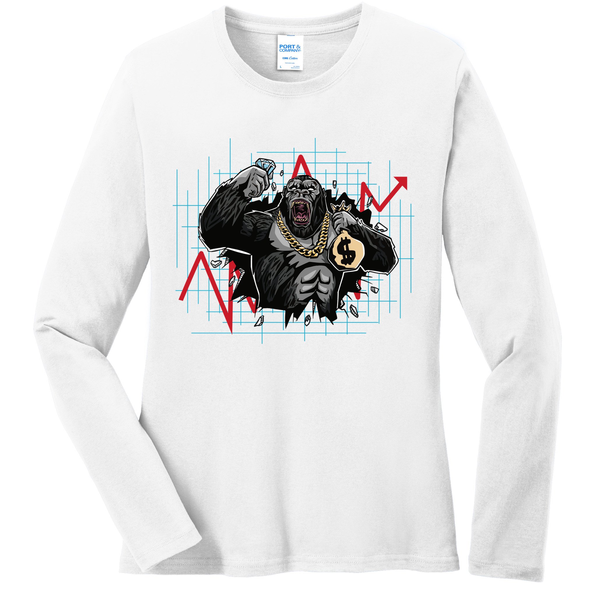 Gorilla Crashing Stock Market Ladies Long Sleeve Shirt