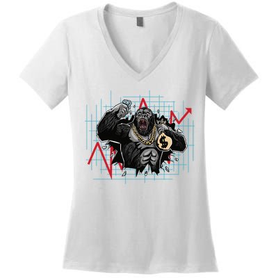 Gorilla Crashing Stock Market Women's V-Neck T-Shirt