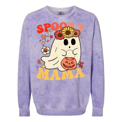 Groovy One Spooky Mama Floral Bun Ghost Mom Halloween Gift Colorblast Crewneck Sweatshirt