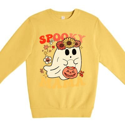 Groovy One Spooky Mama Floral Bun Ghost Mom Halloween Gift Premium Crewneck Sweatshirt