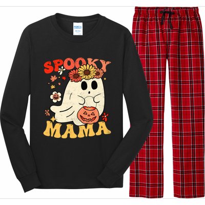 Groovy One Spooky Mama Floral Bun Ghost Mom Halloween Gift Long Sleeve Pajama Set