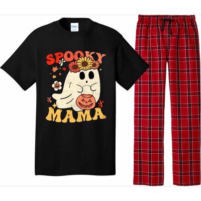 Groovy One Spooky Mama Floral Bun Ghost Mom Halloween Gift Pajama Set