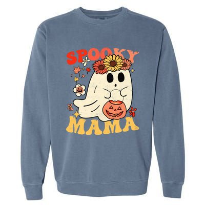 Groovy One Spooky Mama Floral Bun Ghost Mom Halloween Gift Garment-Dyed Sweatshirt