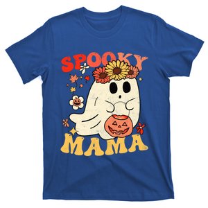 Groovy One Spooky Mama Floral Bun Ghost Mom Halloween Gift T-Shirt