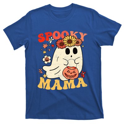 Groovy One Spooky Mama Floral Bun Ghost Mom Halloween Gift T-Shirt