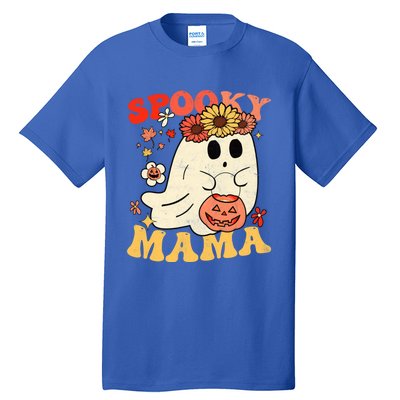 Groovy One Spooky Mama Floral Bun Ghost Mom Halloween Gift Tall T-Shirt