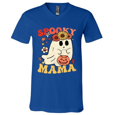 Groovy One Spooky Mama Floral Bun Ghost Mom Halloween Gift V-Neck T-Shirt