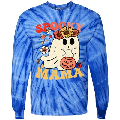 Groovy One Spooky Mama Floral Bun Ghost Mom Halloween Gift Tie-Dye Long Sleeve Shirt