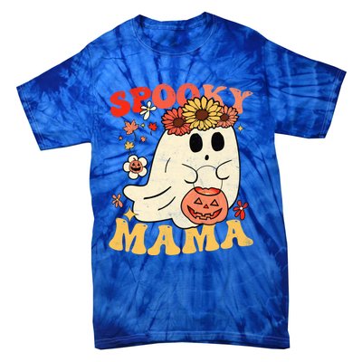 Groovy One Spooky Mama Floral Bun Ghost Mom Halloween Gift Tie-Dye T-Shirt