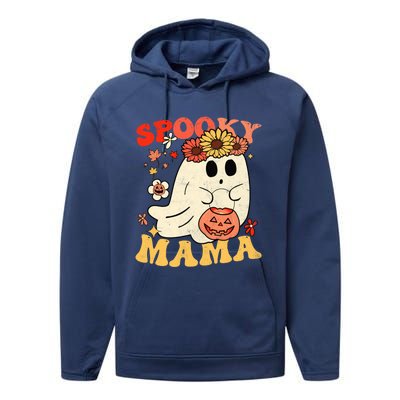 Groovy One Spooky Mama Floral Bun Ghost Mom Halloween Gift Performance Fleece Hoodie