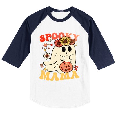 Groovy One Spooky Mama Floral Bun Ghost Mom Halloween Gift Baseball Sleeve Shirt