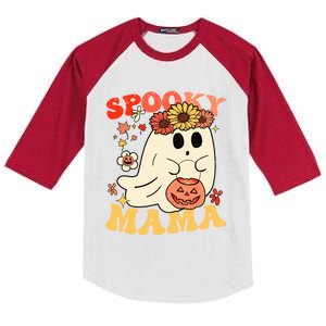 Groovy One Spooky Mama Floral Bun Ghost Mom Halloween Gift Kids Colorblock Raglan Jersey