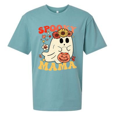 Groovy One Spooky Mama Floral Bun Ghost Mom Halloween Gift Sueded Cloud Jersey T-Shirt