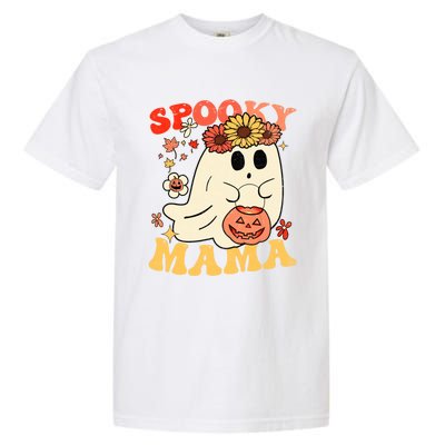 Groovy One Spooky Mama Floral Bun Ghost Mom Halloween Gift Garment-Dyed Heavyweight T-Shirt