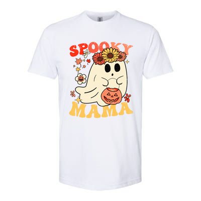 Groovy One Spooky Mama Floral Bun Ghost Mom Halloween Gift Softstyle CVC T-Shirt