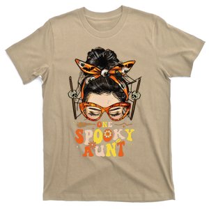 Groovy One Spooky Aunt Messy Bun Women Hippie Halloween T-Shirt