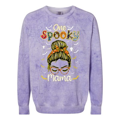 Groovy One Spooky Mama Messy Bun Witch Mom Halloween Colorblast Crewneck Sweatshirt