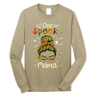 Groovy One Spooky Mama Messy Bun Witch Mom Halloween Long Sleeve Shirt