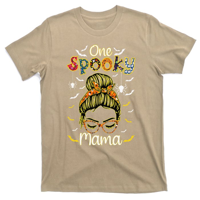 Groovy One Spooky Mama Messy Bun Witch Mom Halloween T-Shirt