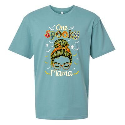 Groovy One Spooky Mama Messy Bun Witch Mom Halloween Sueded Cloud Jersey T-Shirt