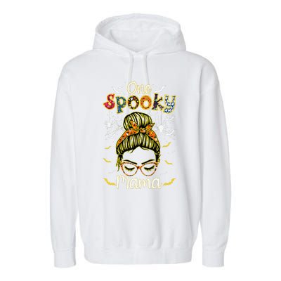 Groovy One Spooky Mama Messy Bun Witch Mom Halloween Garment-Dyed Fleece Hoodie