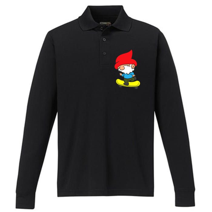 Gnome On Skateboard Cute Gnome Skateboarding Premium Performance Long Sleeve Polo