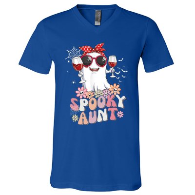 Groovy One Spooky Aunt Retro Ghost Witch Mom Halloween Gift V-Neck T-Shirt