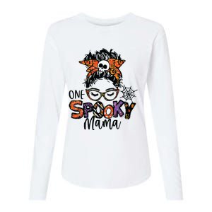 Groovy One Spooky Mama Messy Bun Witch Mom Halloween Womens Cotton Relaxed Long Sleeve T-Shirt