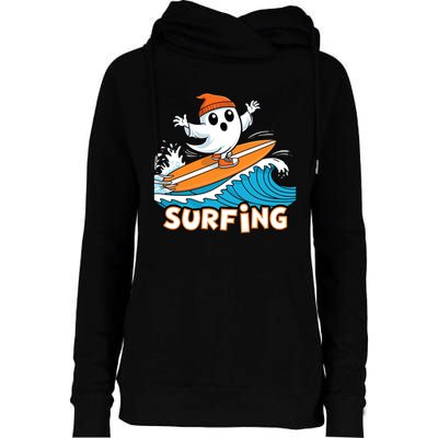 Ghost On Surfboard Funny Surfer Boy Halloween Costume Womens Funnel Neck Pullover Hood