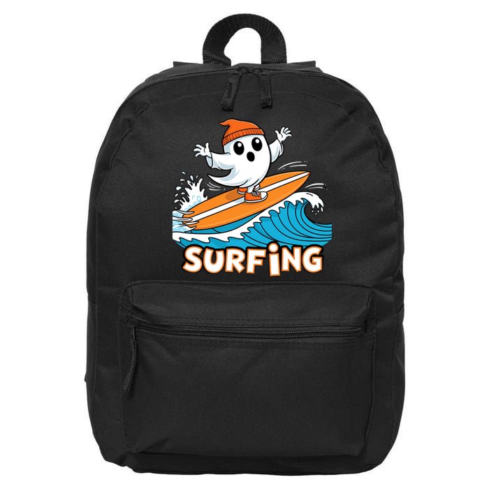 Ghost On Surfboard Funny Surfer Boy Halloween Costume 16 in Basic Backpack