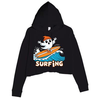 Ghost On Surfboard Funny Surfer Boy Halloween Costume Crop Fleece Hoodie