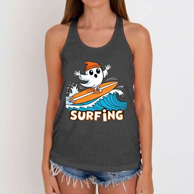 Ghost On Surfboard Funny Surfer Boy Halloween Costume Women's Knotted Racerback Tank