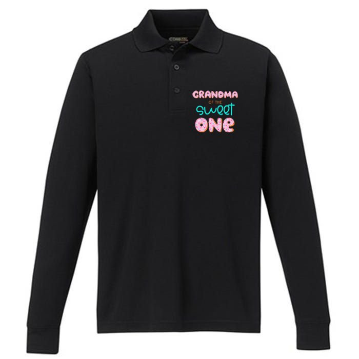 Grandma of Sweet One First Birthday Matching Family Donut Performance Long Sleeve Polo