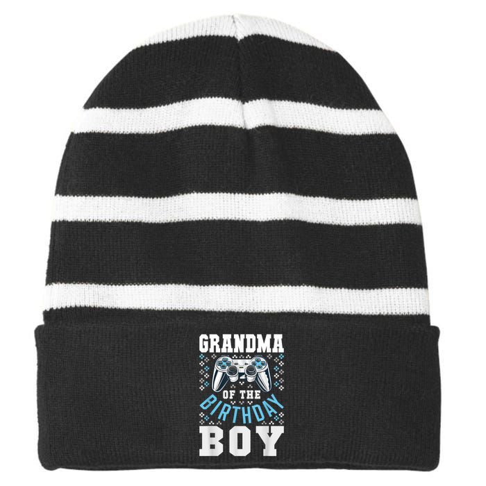 Grandma Of The Birthday Boy Matching Video Gamer Birthday Striped Beanie with Solid Band