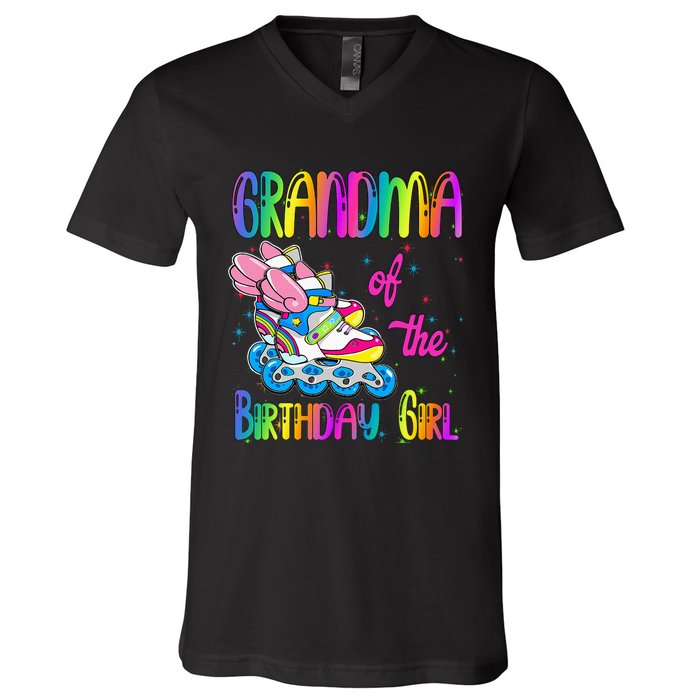 Grandma Of The Birthday Girl Rolling Skate Family Party V-Neck T-Shirt