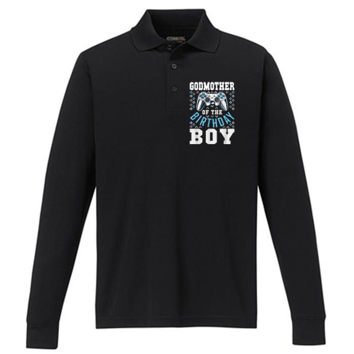 Godmother Of The Birthday Boy Matching Video Gamer Birthday Performance Long Sleeve Polo