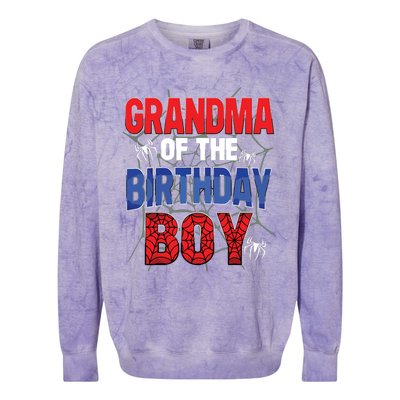 Grandma Of The Birthday Boy Matching Family Spider Web Colorblast Crewneck Sweatshirt