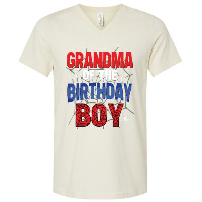 Grandma Of The Birthday Boy Matching Family Spider Web V-Neck T-Shirt