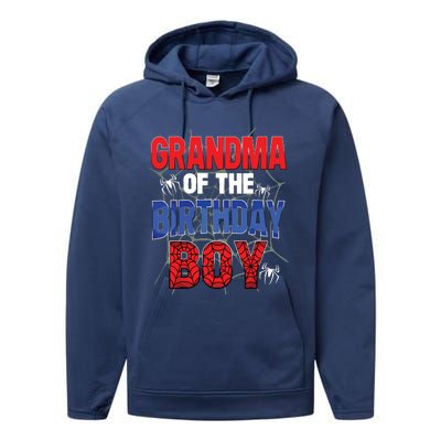 Grandma Of The Birthday Boy Matching Family Spider Web Performance Fleece Hoodie