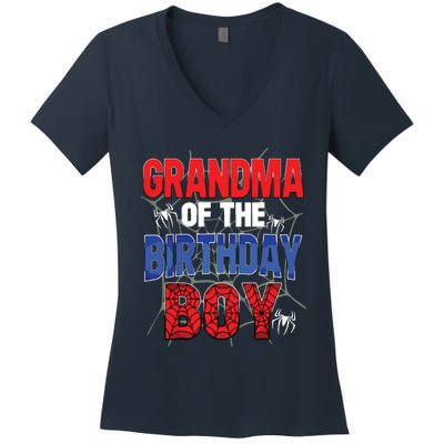 Grandma Of The Birthday Boy Matching Family Spider Web Women's V-Neck T-Shirt