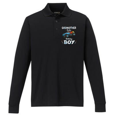 Godmother Of The Birthday Boy Monster Truck Bday Performance Long Sleeve Polo