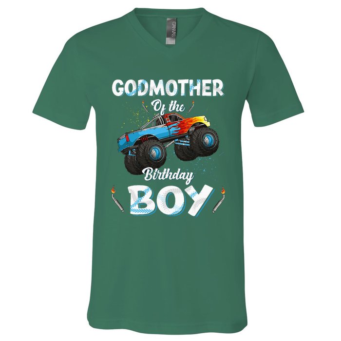 Godmother Of The Birthday Boy Monster Truck Bday V-Neck T-Shirt