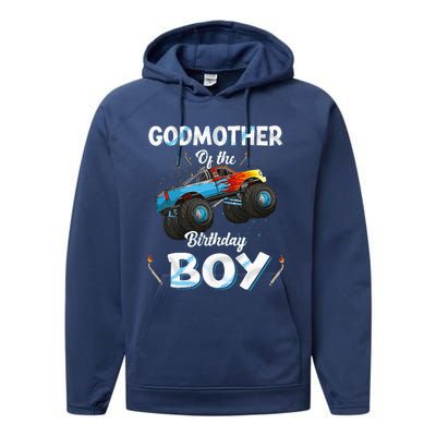 Godmother Of The Birthday Boy Monster Truck Bday Performance Fleece Hoodie