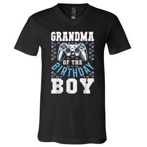 Grandma Of The Birthday Boy Matching Video Gamer Birthday V-Neck T-Shirt