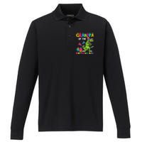 Grandpa Of The Birthday Boy T-Rex Dinosaur Birthday Performance Long Sleeve Polo