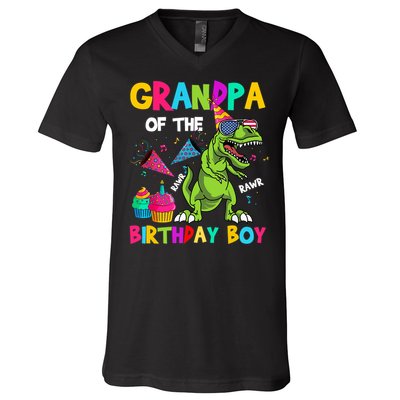 Grandpa Of The Birthday Boy T-Rex Dinosaur Birthday V-Neck T-Shirt