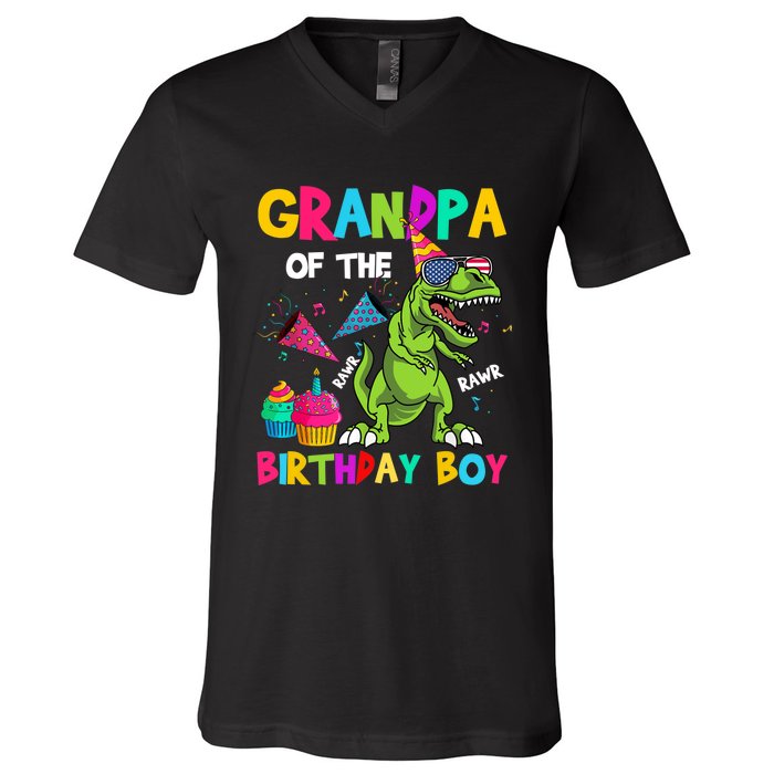 Grandpa Of The Birthday Boy T-Rex Dinosaur Birthday V-Neck T-Shirt